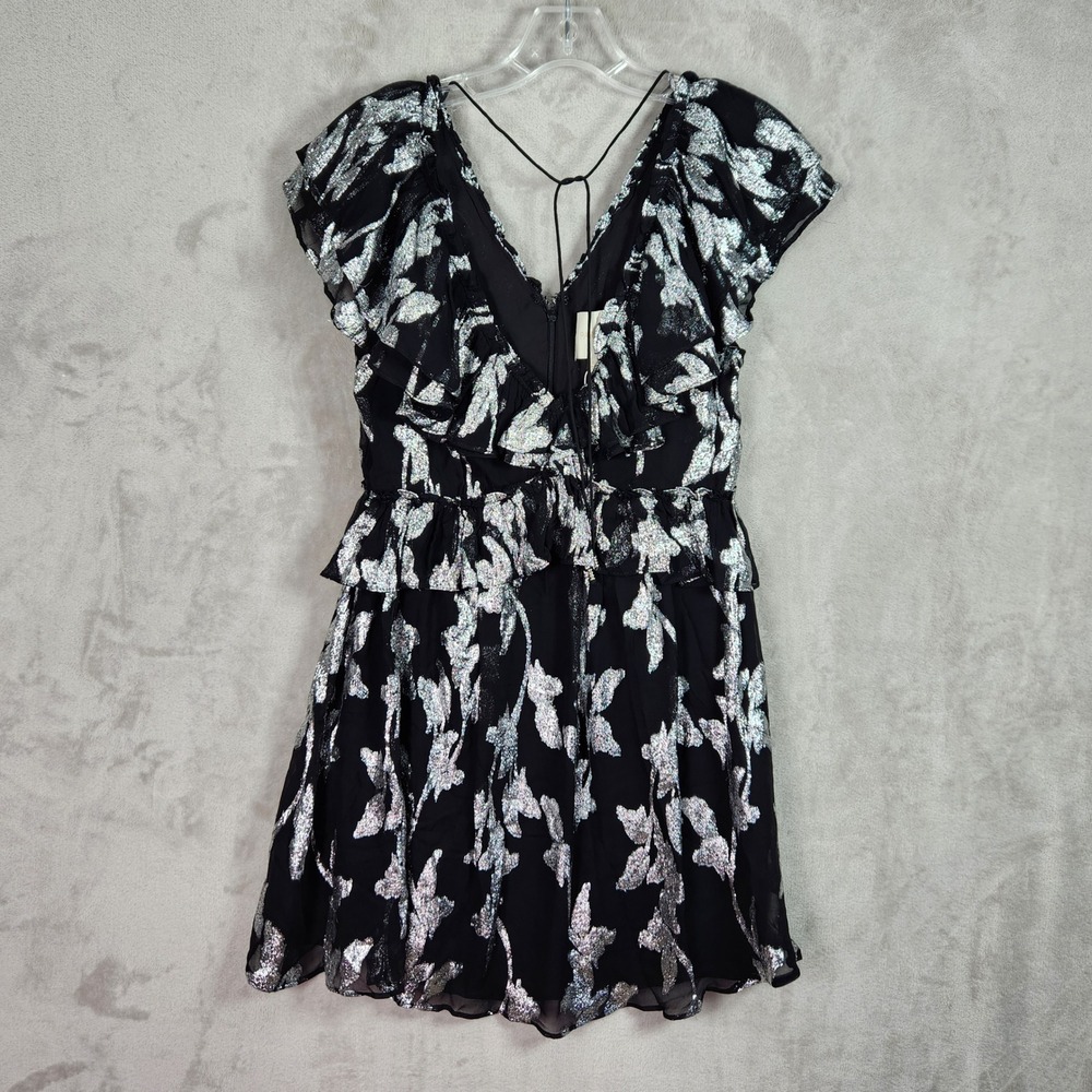Parker Mini Dress Womens 8 Black Silver Metallic‎ Floral Ruffle Party Whimsygoth